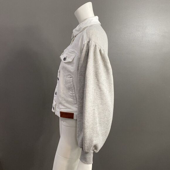 Peace Love World White/Gray Chic Denim Jacket Puff Gray Sleeve Oversized SZ XXS - Picture 5 of 16